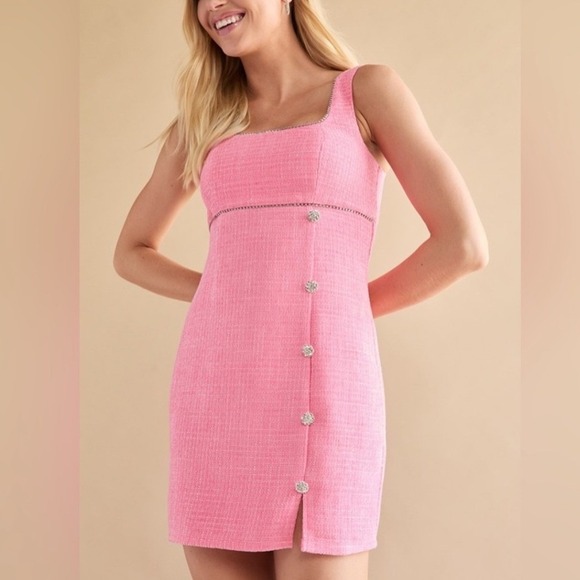 Francesca's Dresses & Skirts - Francesca's Pink Tweed Rhinestone Trim Mini Dress Crystal Button Barbiecore M